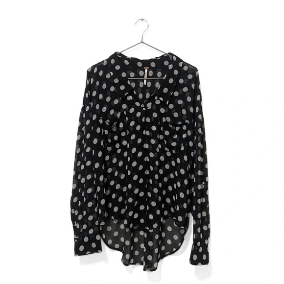 Free People Black/White Sheer Polka Dot Easy Rider Blouse Size Small - Picture 2 of 9